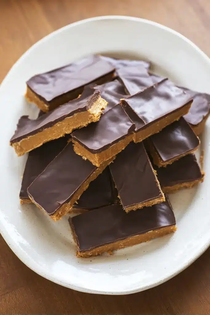 Peanut butter chocolate protein bars arranged on a wooden surface with peanuts scattered around.