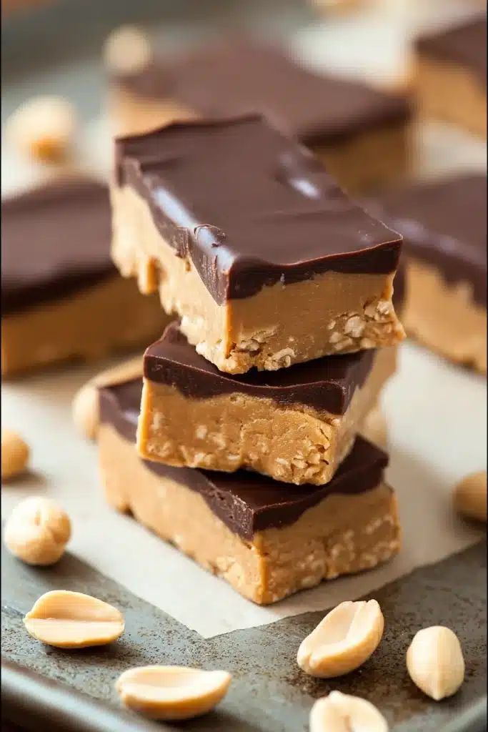 No-bake peanut butter chocolate protein bars stacked on a tray with glossy chocolate tops.