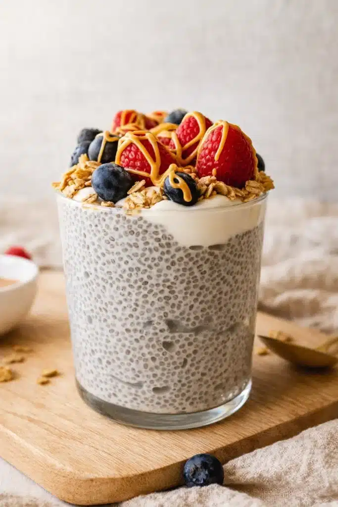 Protein Chia Pudding 1 Protein chia pudding in a glass with yogurt, granola, berries, and nut butter drizzle