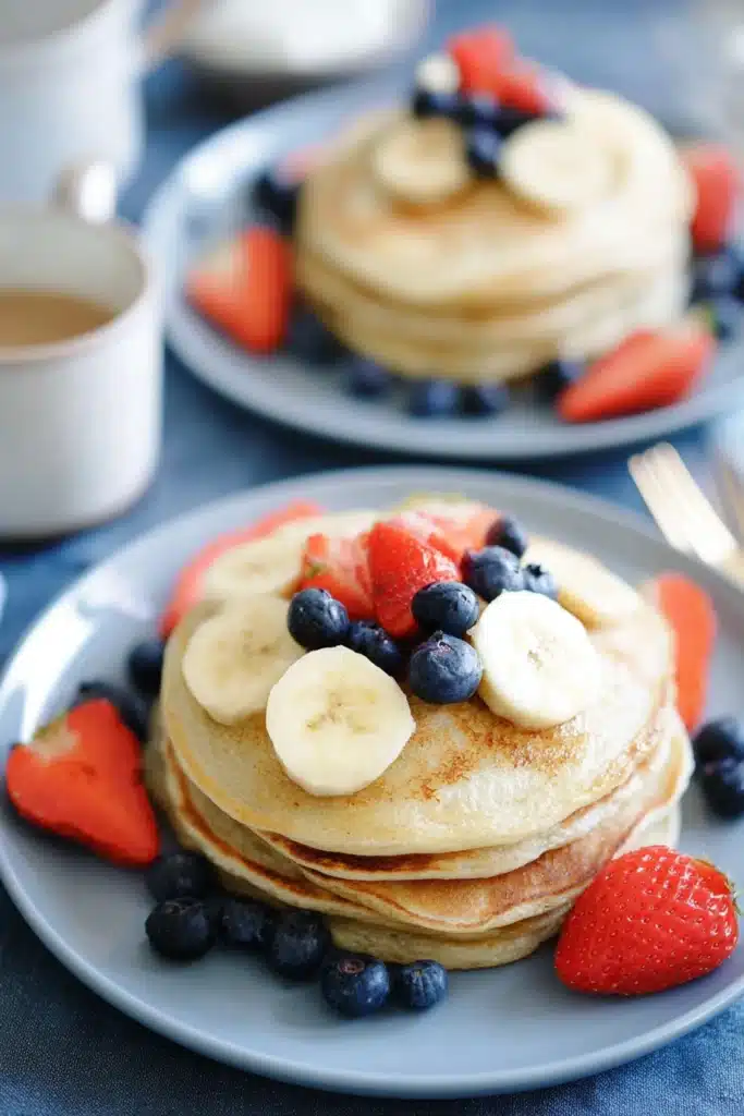 Stack of protein pancakes with banana, strawberries, and blueberries on a breakfast table
