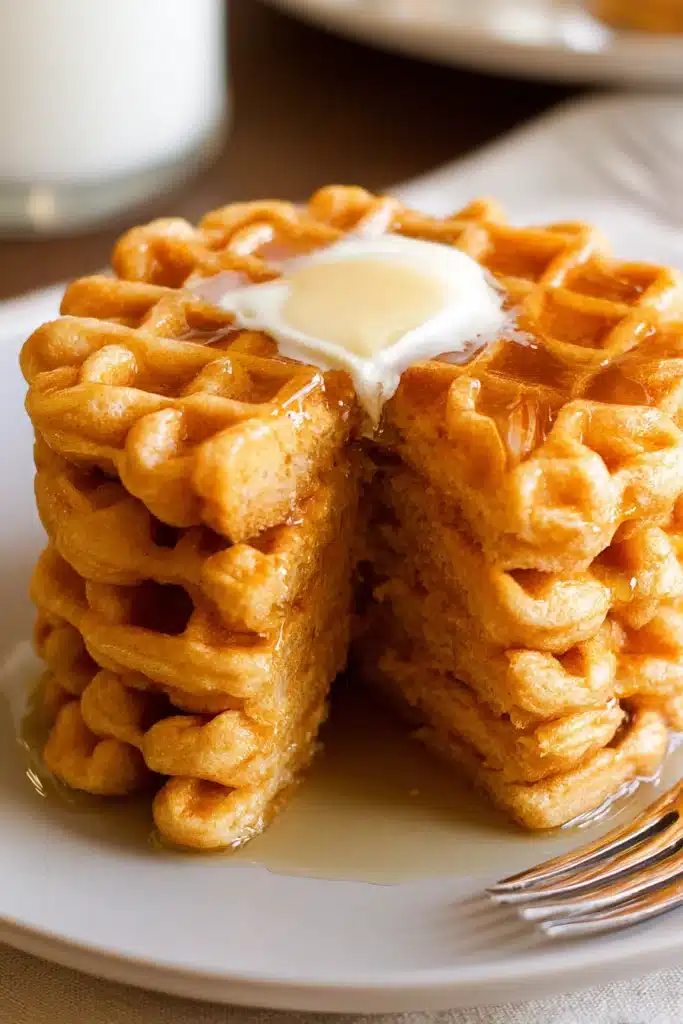 Protein Waffles Recipe (Over 45g Protein) – Crispy, Low-Calorie & Ready in 5 Minutes 3 Protein waffles topped with butter, syrup, and fresh strawberry slice
