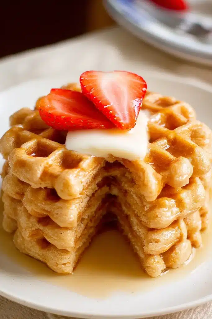 Protein Waffles Recipe (Over 45g Protein) – Crispy, Low-Calorie & Ready in 5 Minutes 1 Stack of golden protein waffles with syrup and melted butter on a plate