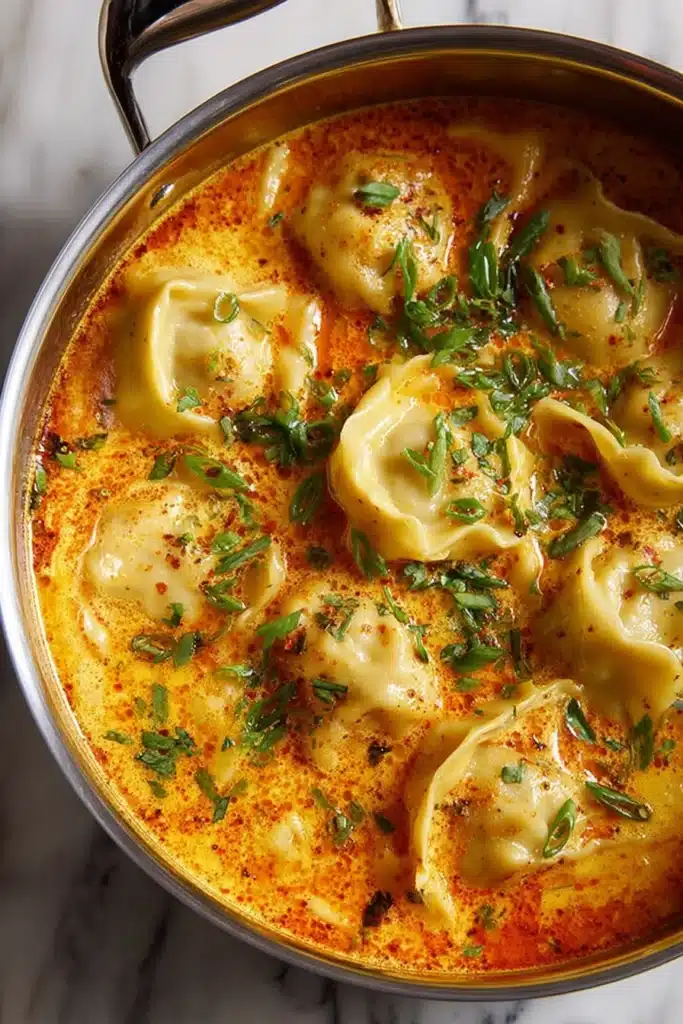 Quick Coconut Curry Soup with Dumplings 2 Coconut curry soup with dumplings simmering in a stainless steel pot