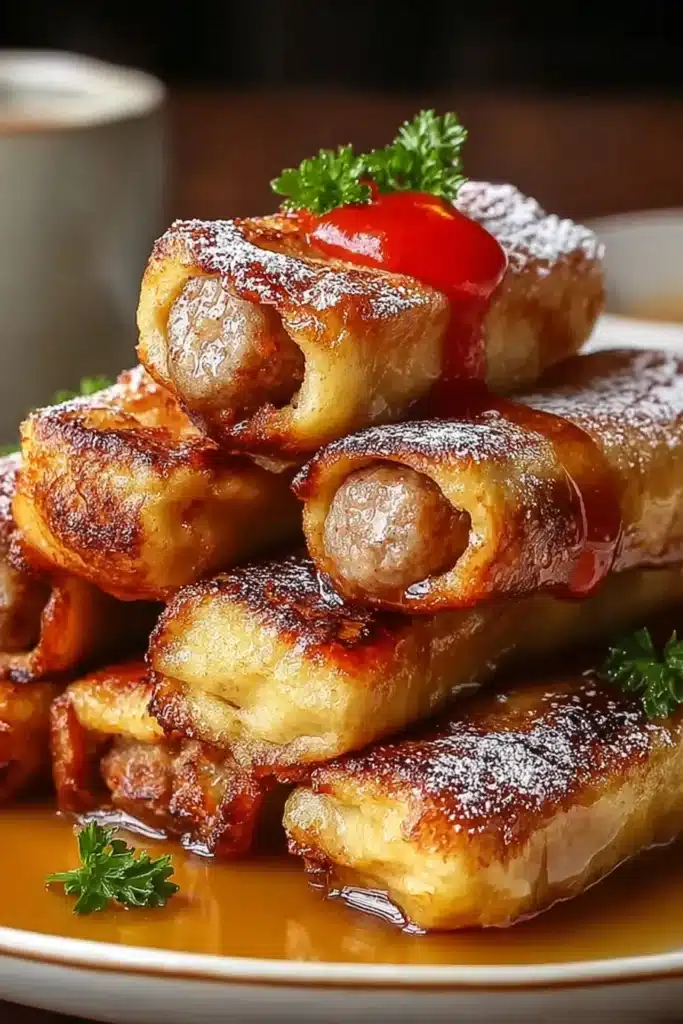 Sausage French Toast Roll-Ups Recipe 2 Golden Sausage French Toast Roll-Ups stacked with syrup and powdered sugar