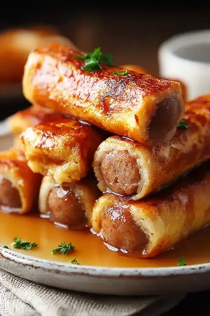Sausage French Toast Roll-Ups Recipe 1 Golden Sausage French Toast Roll-Ups stacked on a plate with maple syrup drizzle