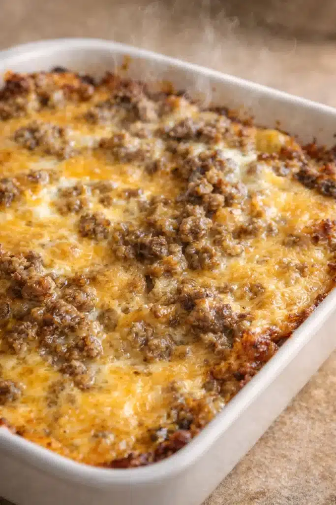 Sausage Hashbrown Breakfast Casserole (Easy Make-Ahead Breakfast for a Crowd) 1 Cheesy sausage hashbrown breakfast casserole close up with golden melted cheese