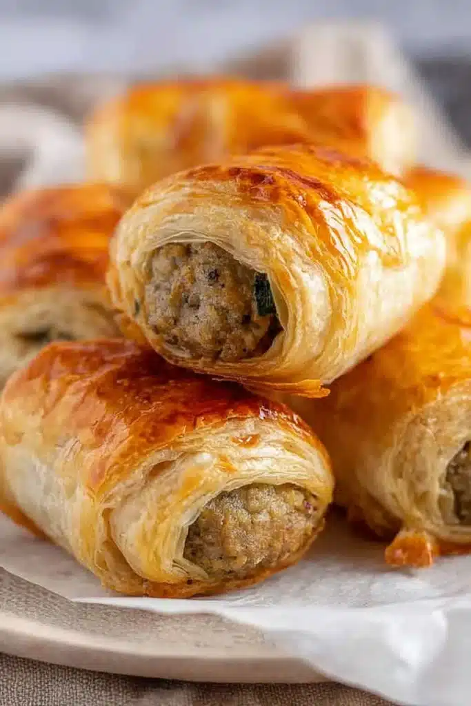 Sausage Rolls Recipe: Flaky, Savory, and Perfect for Lunch 1 Golden flaky sausage rolls with puff pastry and savory filling on parchment paper