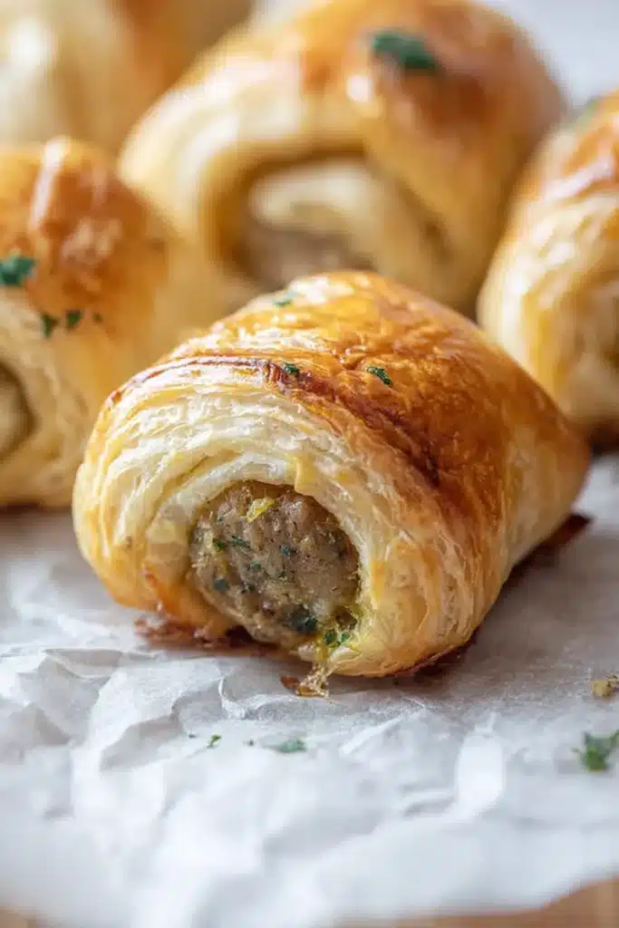 Sausage Rolls Recipe: Flaky, Savory, and Perfect for Lunch 3 Close-up of flaky golden sausage roll with savory filling on parchment paper