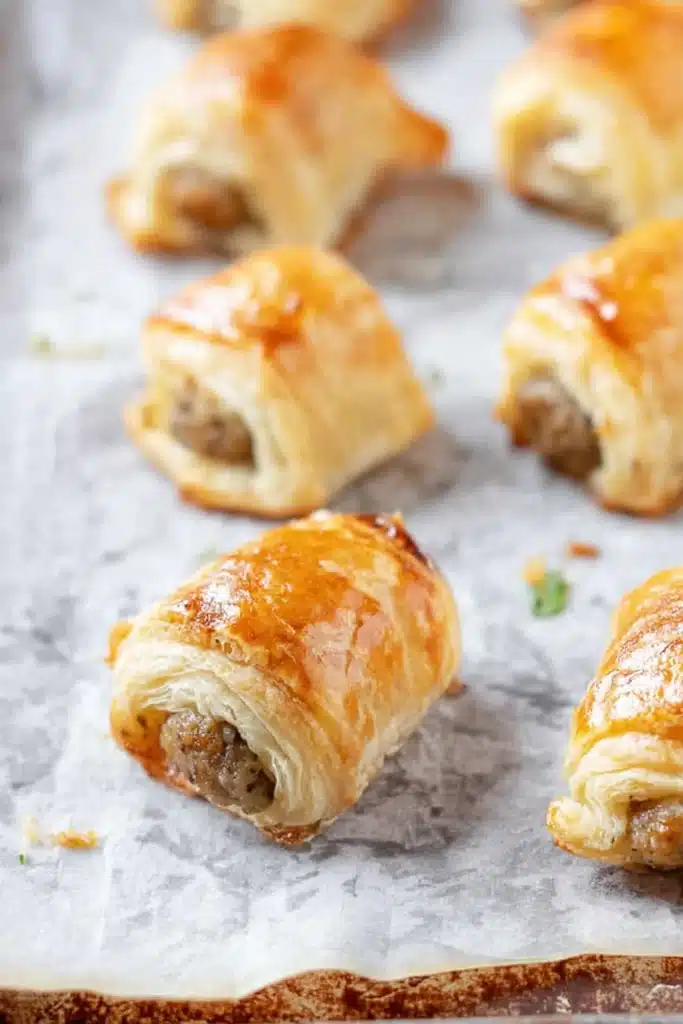 Sausage Rolls Recipe: Flaky, Savory, and Perfect for Lunch 2 Golden mini sausage rolls on parchment paper after baking