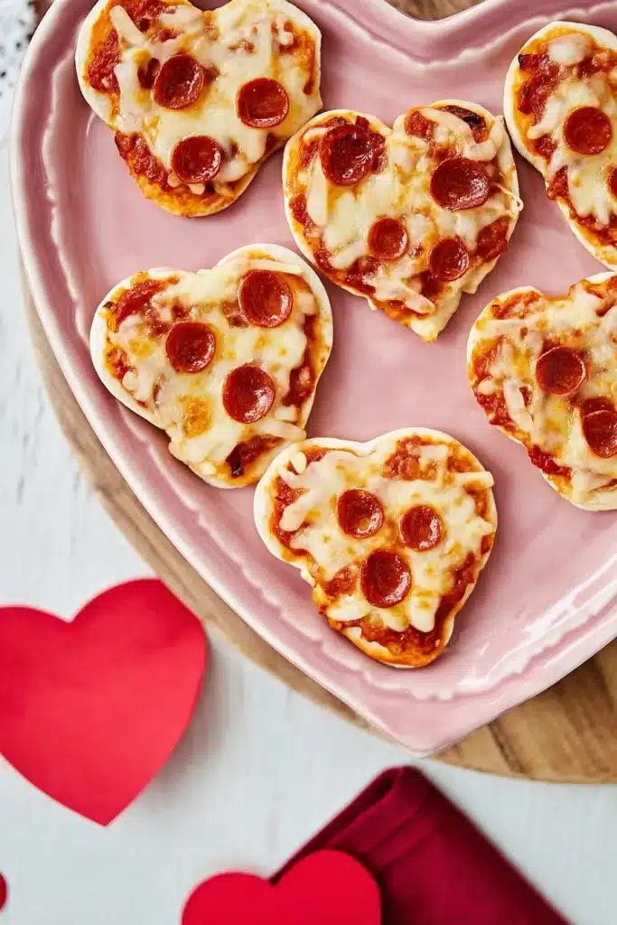 Shaped Pizza for Valentine’s Day Kids Will Love 2 Shaped pizza hearts with melted cheese and pepperoni on a Valentine’s Day plate