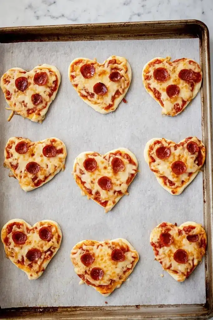 Shaped Pizza for Valentine’s Day Kids Will Love 3 Shaped pizza hearts baking on a parchment lined tray for Valentine’s Day