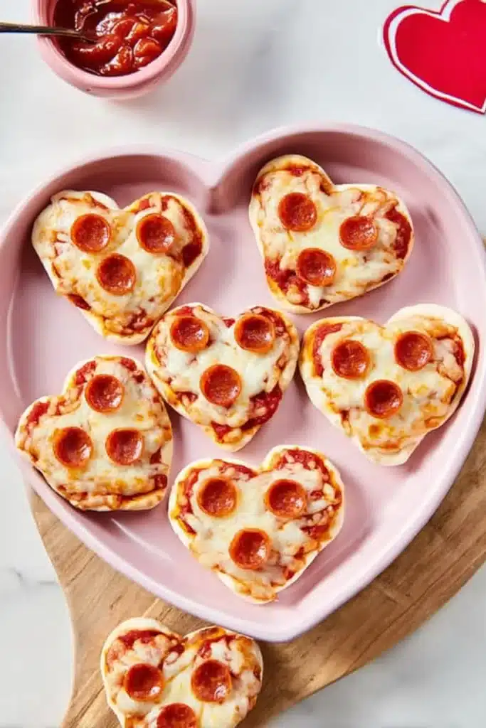 Shaped Pizza for Valentine’s Day Kids Will Love 1 Heart shaped mini pizzas with melted cheese and pepperoni on a Valentine’s Day plate