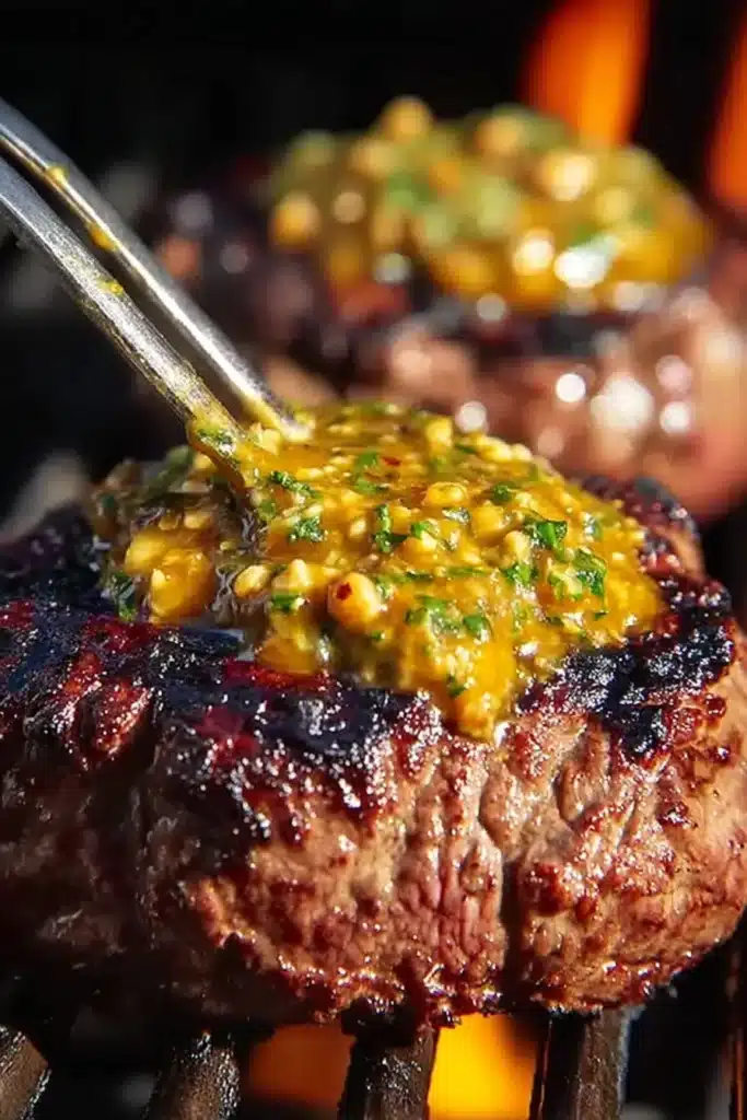 Sizzling Cowboy Butter Steak – Juicy, Flavor-Packed Dinner Recipe 1 Grilled steak topped with melted cowboy butter sauce on warm rustic background