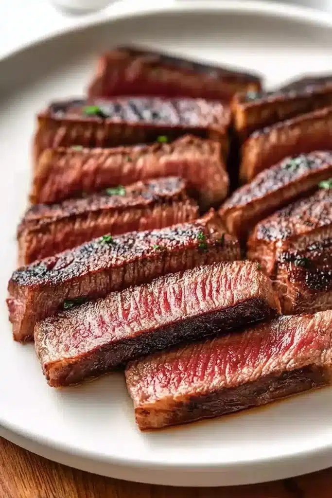 Sizzling Cowboy Butter Steak – Juicy, Flavor-Packed Dinner Recipe 2 Sliced sizzling cowboy butter steak on a white plate