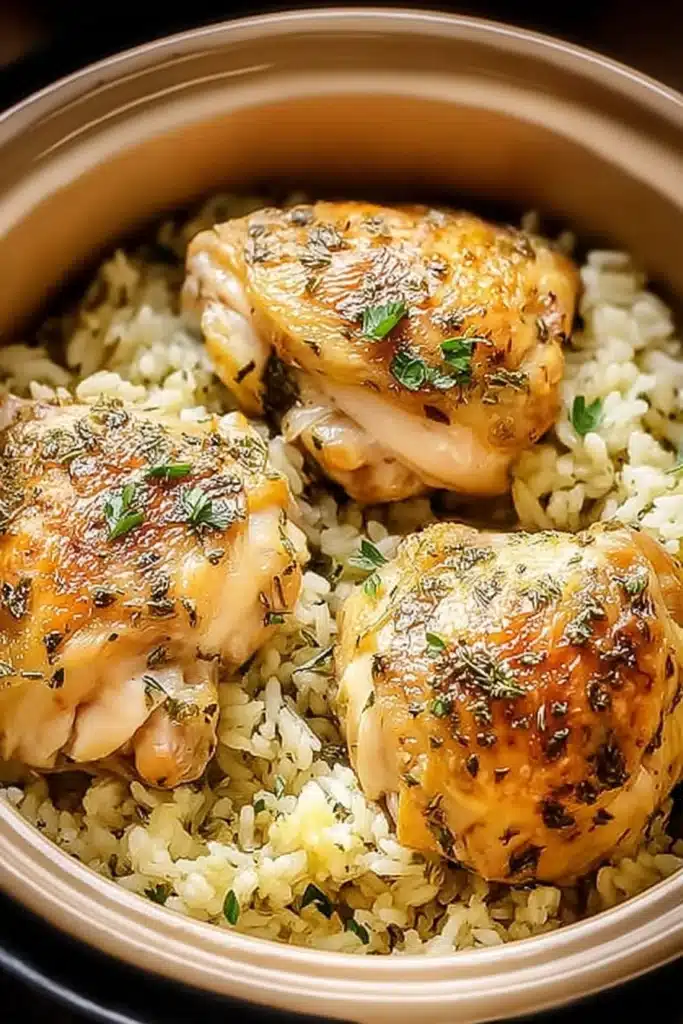 Slow cooker lemon herb chicken and rice with golden crispy chicken thighs