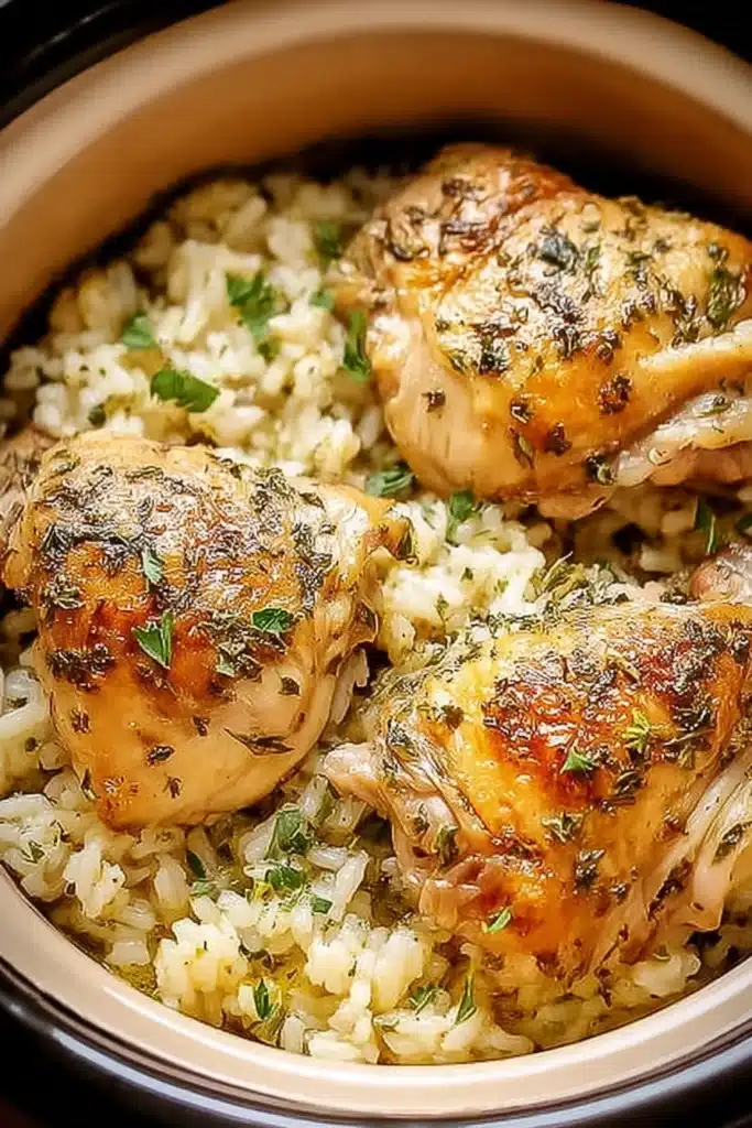 Slow cooker lemon herb chicken and rice with golden crispy chicken thighs