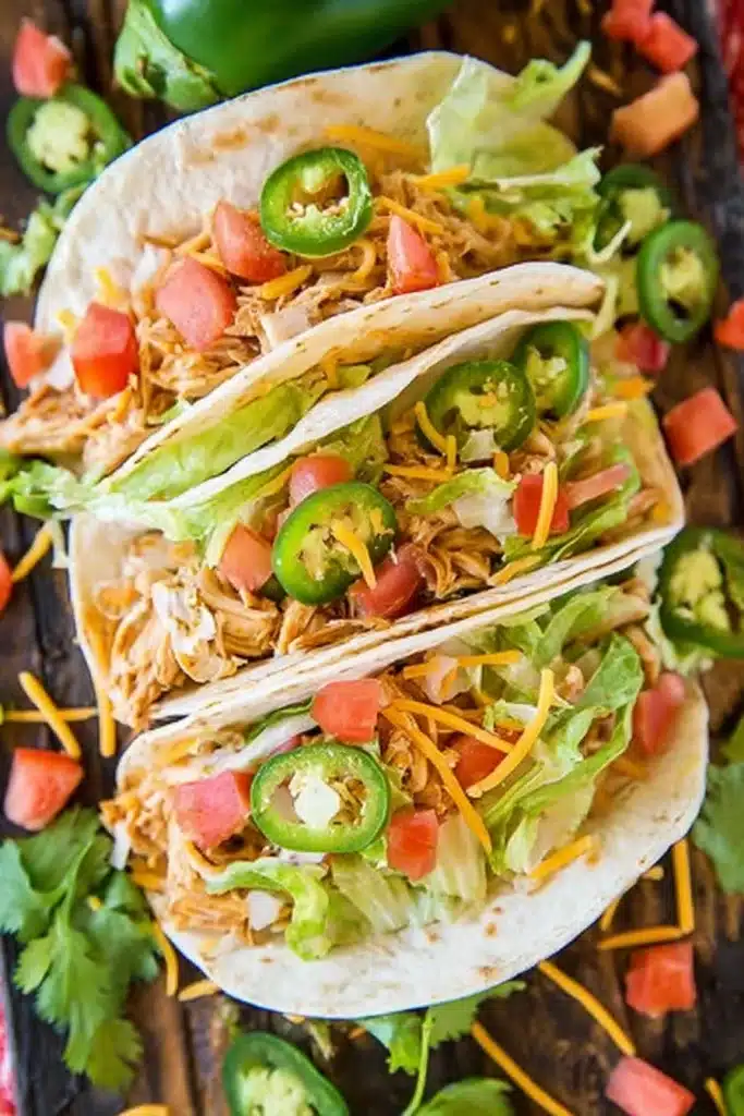 Slow cooker queso chicken tacos with lettuce, cheese, tomatoes, and jalapeños