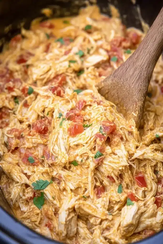 Slow cooker queso chicken being stirred with wooden spoon