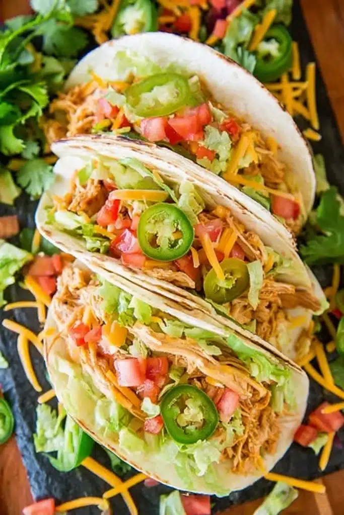 Slow cooker queso chicken tacos with lettuce, cheese, tomatoes, and jalapeños