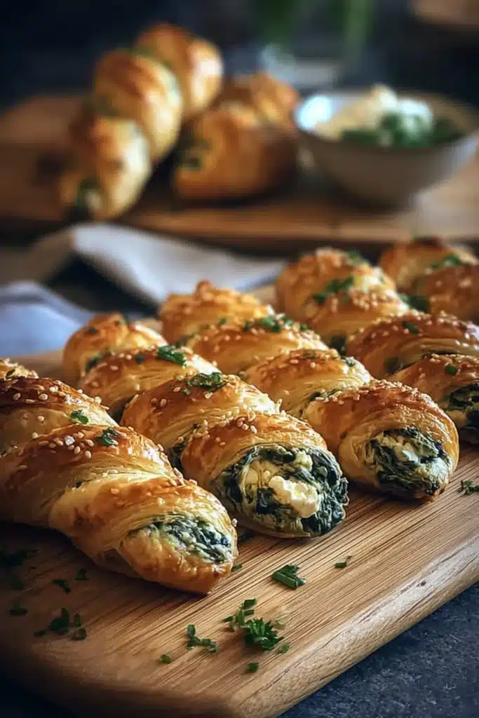 Spinach and feta puff pastry twists on wooden board with herbs