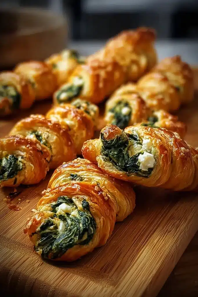 Golden spinach and feta puff pastry twists on wooden board