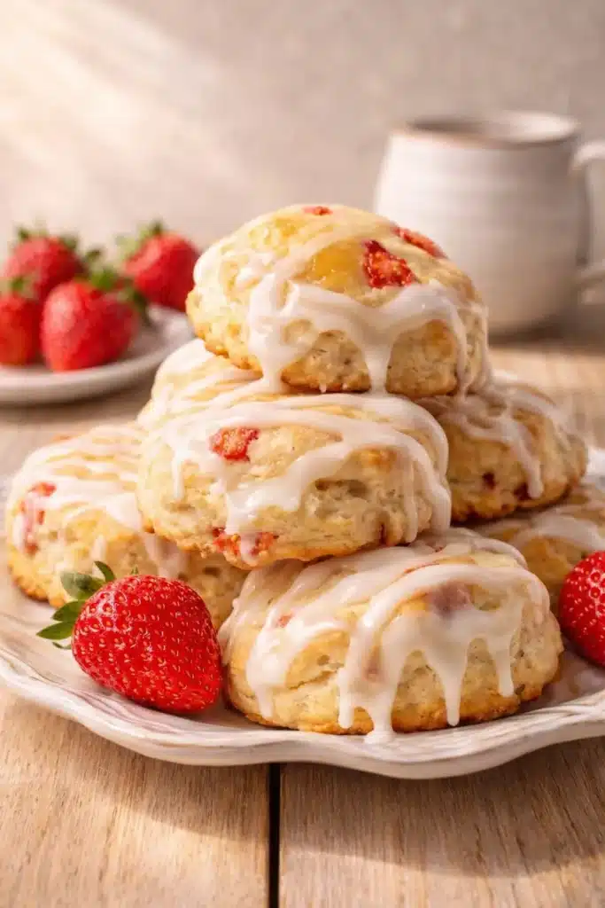 Strawberry Biscuits Recipe (Flaky, Buttery & Drizzled with Vanilla Glaze) 1 Flaky strawberry biscuits with vanilla glaze and fresh strawberries on a rustic table