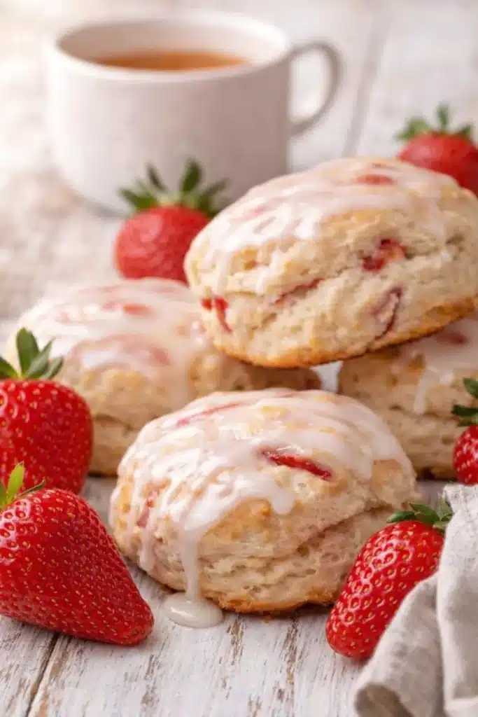 Strawberry Biscuits Recipe (Flaky, Buttery & Drizzled with Vanilla Glaze) 2 Stack of strawberry biscuits with vanilla glaze on a white plate