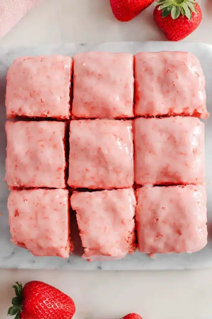 Strawberry Brownies Recipe (Easy Valentine’s Day Dessert) 1 Strawberry Brownies Recipe with pink glaze cut into squares on a marble board
