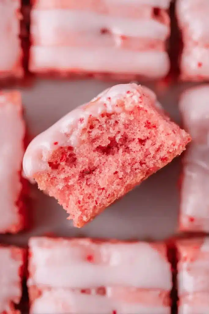 Strawberry Brownies Recipe (Easy Valentine’s Day Dessert) 5 Close-up of chewy strawberry brownies with pink glaze and soft texture