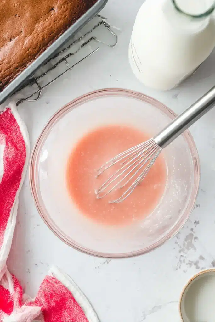 Strawberry Brownies Recipe (Easy Valentine’s Day Dessert) 4 Strawberry glaze being whisked in a glass bowl for brownies