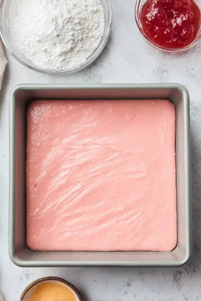 Strawberry Brownies Recipe (Easy Valentine’s Day Dessert) 3 Strawberry brownie batter spread in a square baking pan before baking