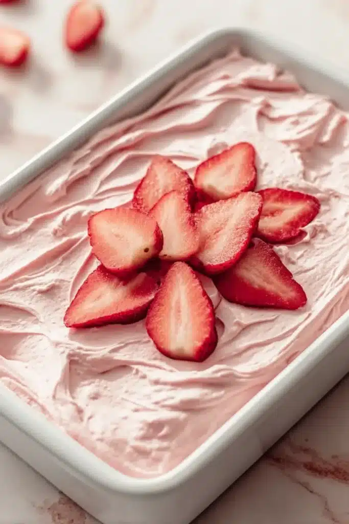 Strawberry Cake – Soft, Sweet, and Full of Real Strawberry Flavor 4 Sheet pan strawberry cake topped with pink frosting and fresh strawberries