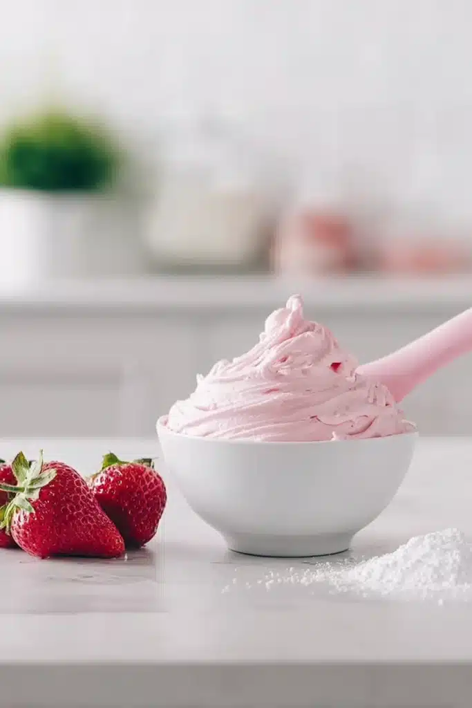 Strawberry Cake – Soft, Sweet, and Full of Real Strawberry Flavor 2 Fluffy strawberry buttercream frosting in a white bowl with fresh strawberries