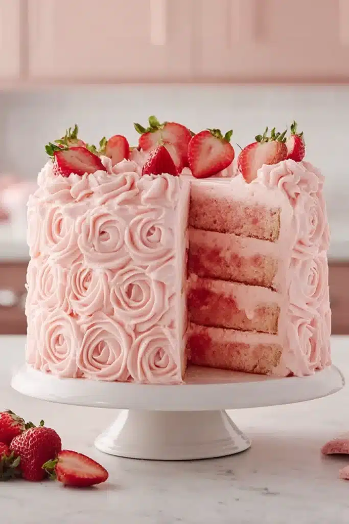 Strawberry Cake – Soft, Sweet, and Full of Real Strawberry Flavor 3 Whole strawberry layer cake with pink buttercream frosting and fresh strawberries