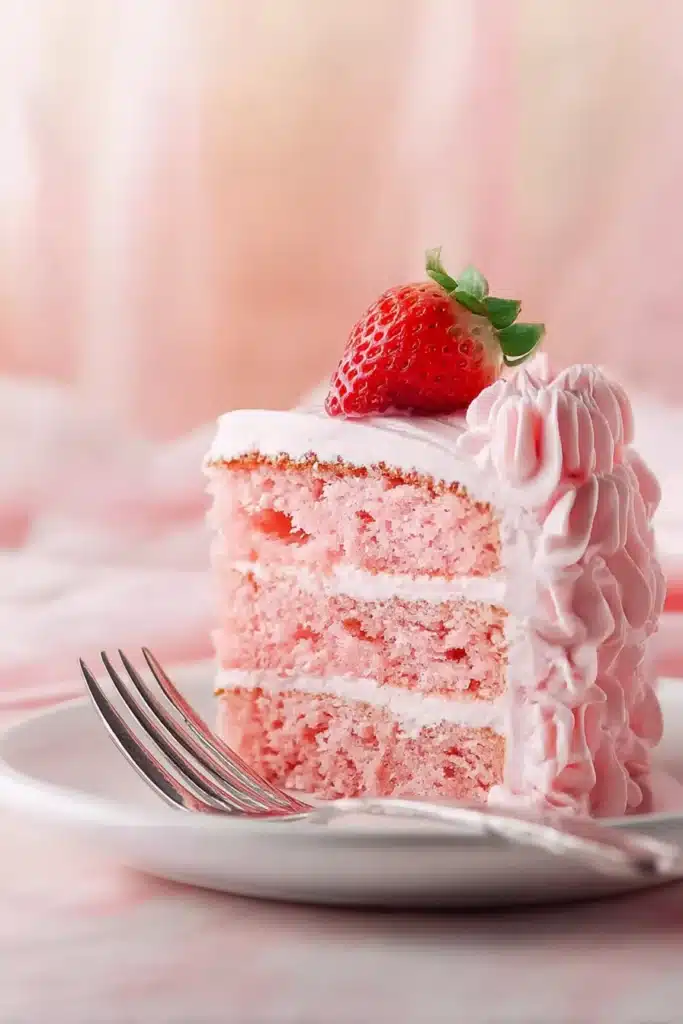 Strawberry Cake – Soft, Sweet, and Full of Real Strawberry Flavor 1 Slice of pink strawberry cake with buttercream frosting and fresh strawberry on top