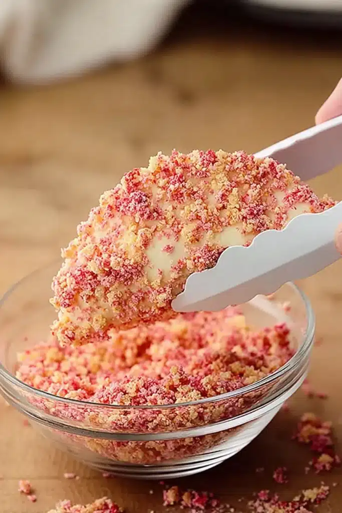 Taco shell coated in strawberry crunch held with tongs over a bowl