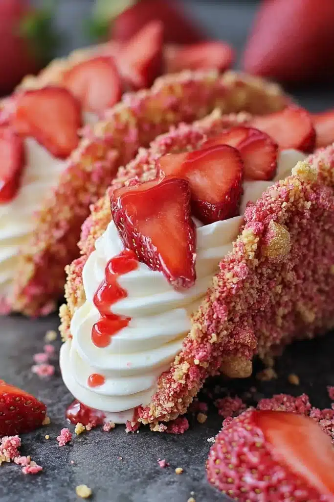 Strawberry crunch cheesecake tacos with cream filling and fresh strawberries