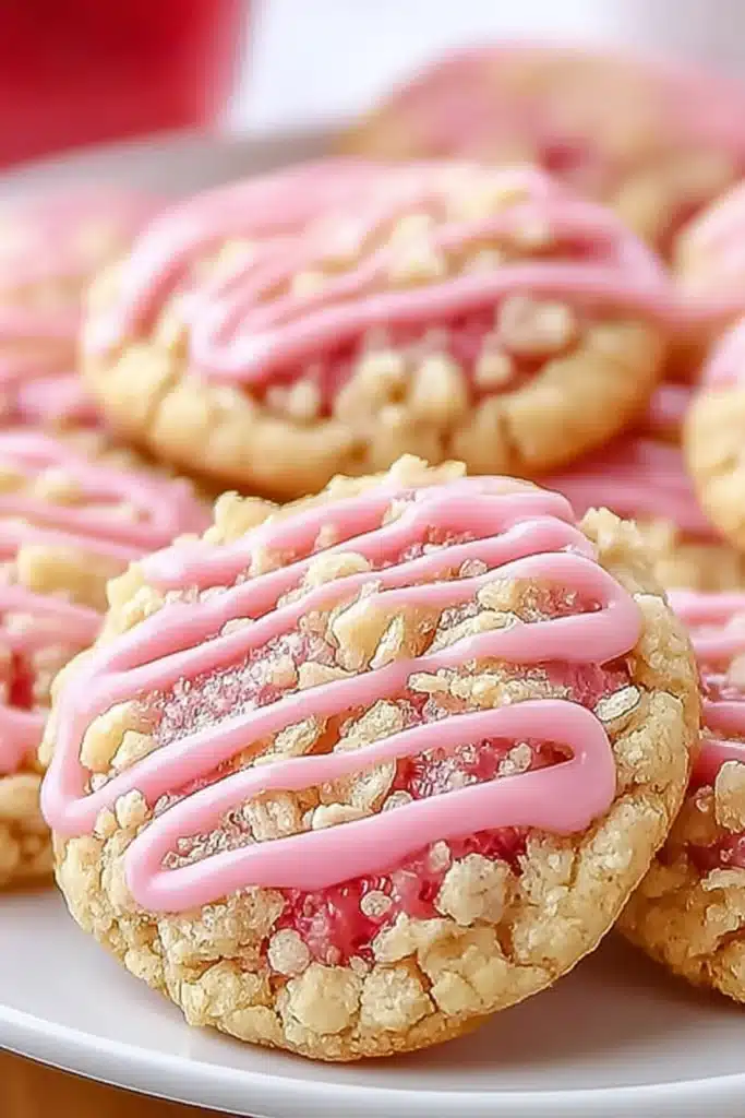 Strawberry Crunch Cookies: The Ultimate Soft and Crunchy Treat 1 Soft strawberry crunch cookies with pink glaze and icing drizzle on a white plate