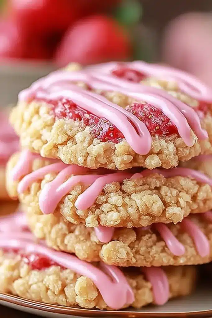 Strawberry Crunch Cookies: The Ultimate Soft and Crunchy Treat 2 Stacked strawberry crunch cookies with pink drizzle and crumb topping