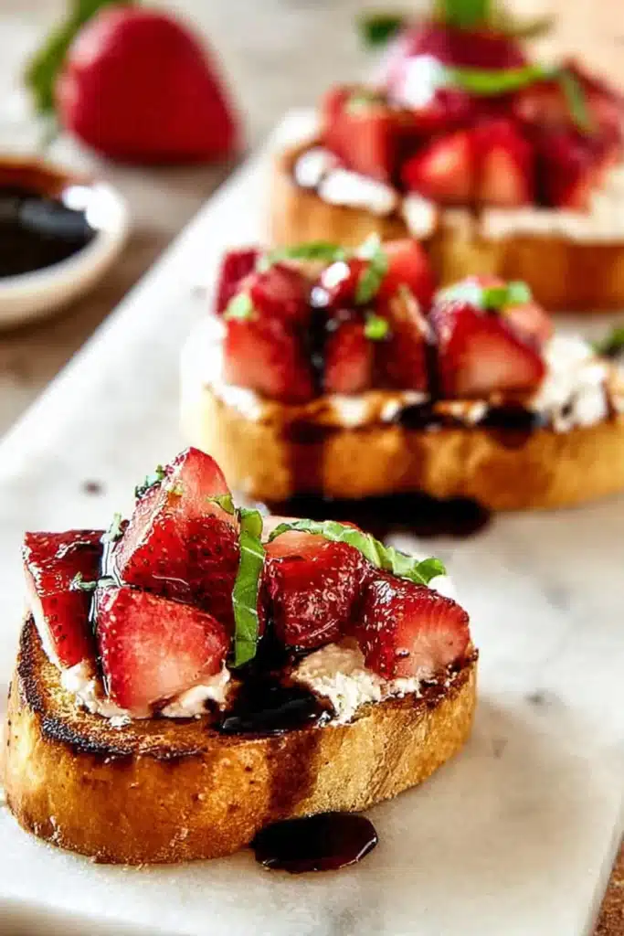 Strawberry Goat Cheese 4 Strawberry goat cheese bruschetta topped with balsamic glaze and basil ribbons