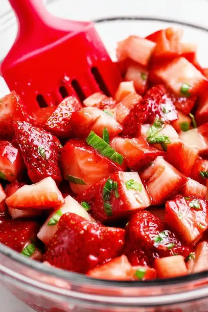 Strawberry Goat Cheese 2 Fresh chopped strawberries and basil in a glass bowl for strawberry goat cheese bruschetta