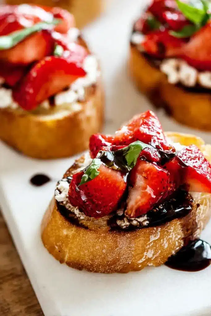 Strawberry Goat Cheese 1 Strawberry goat cheese bruschetta with balsamic glaze and basil on toasted baguette