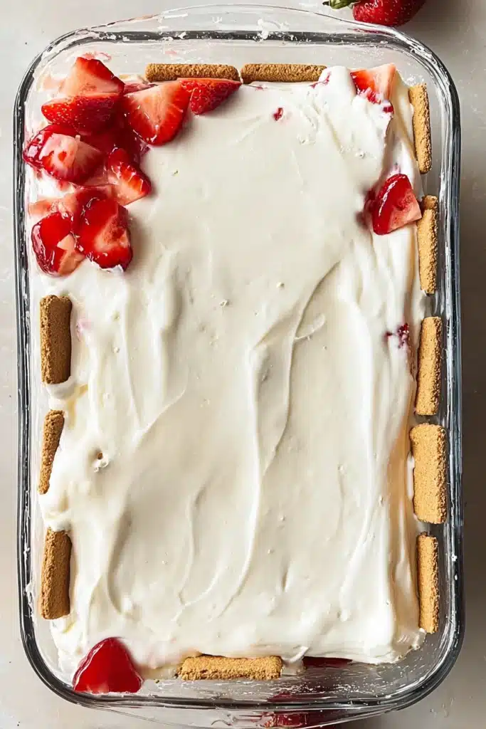 Strawberry Icebox Cake: The Best No-Bake Summer Dessert 2 Layering Strawberry Icebox Cake with cream and graham crackers