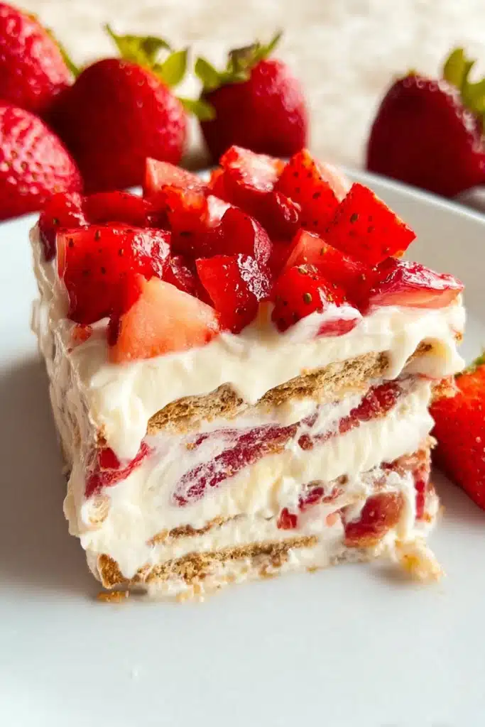 Strawberry Icebox Cake: The Best No-Bake Summer Dessert 3 Slice of Strawberry Icebox Cake with creamy layers and fresh strawberries
