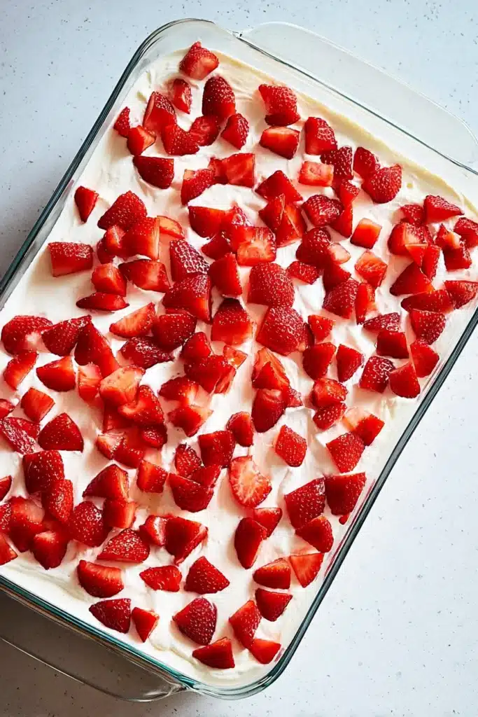 Strawberry Icebox Cake: The Best No-Bake Summer Dessert 1 Strawberry Icebox Cake topped with fresh strawberries in a glass dish