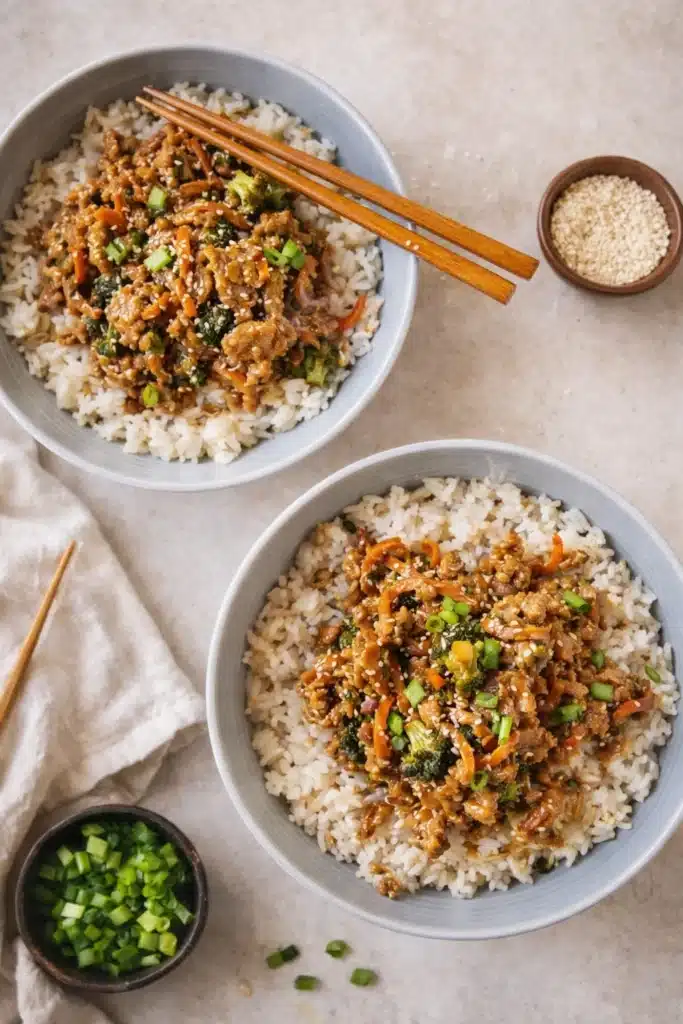 Teriyaki turkey rice bowls with sesame seeds and green onions on gray ceramic plates