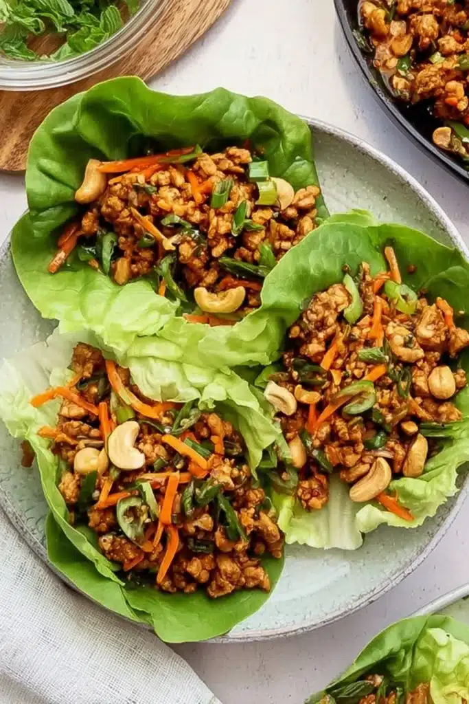 Thai Chicken Lettuce Wraps with chicken, carrots, and cashews on a plate
