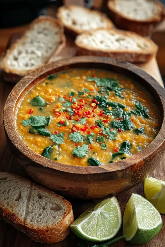 Thai Coconut Red Lentil Soup – Creamy, Easy, and Full of Flavor 2 Creamy Thai Coconut Red Lentil Soup with spinach, cilantro, and lime slices