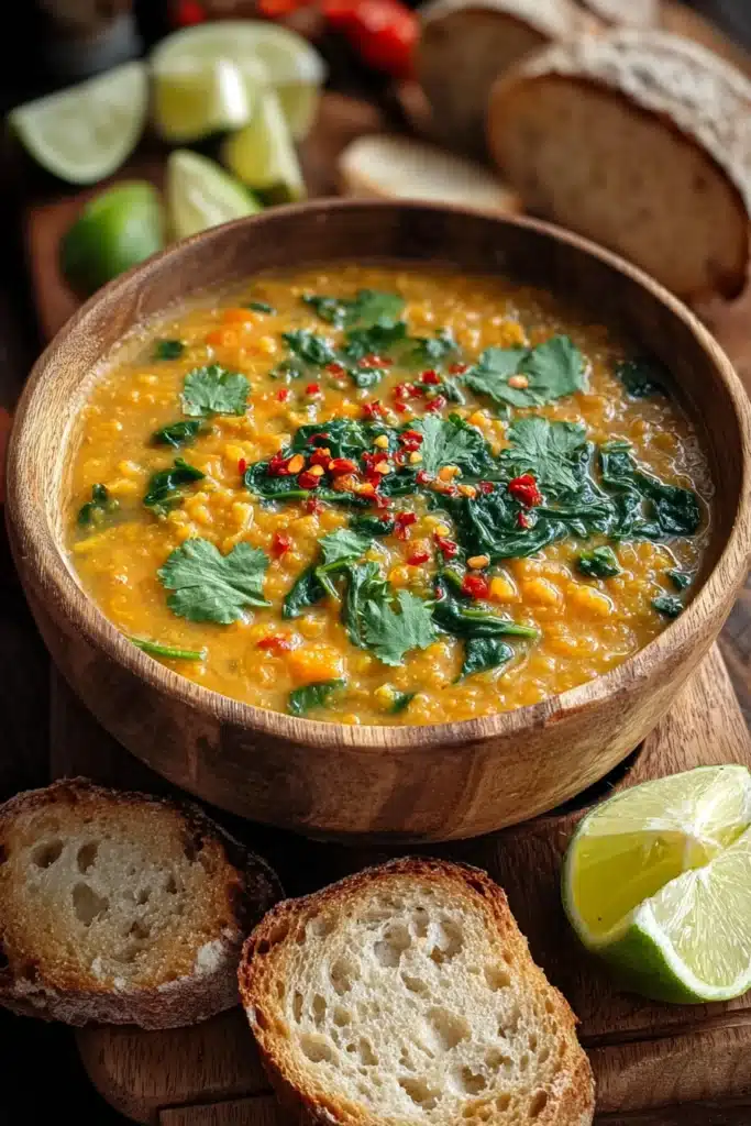 Thai Coconut Red Lentil Soup – Creamy, Easy, and Full of Flavor 1 Creamy Thai Coconut Red Lentil Soup with cilantro, lime, and toasted bread
