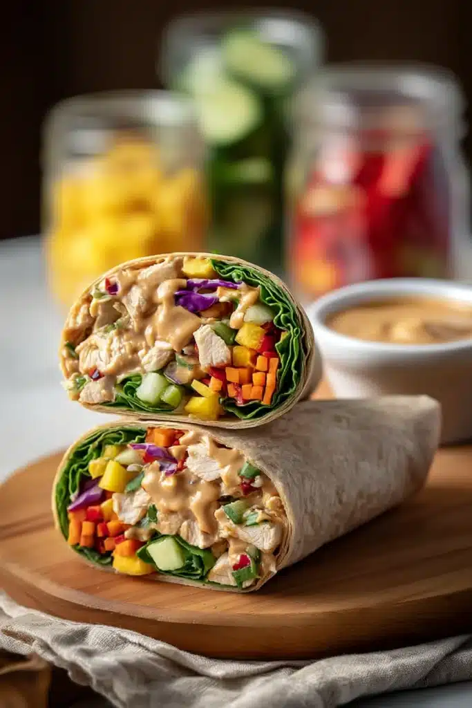 The Best Thai Peanut Chicken Wraps 1 Thai peanut chicken wraps with creamy peanut sauce and colorful veggies on marble surface